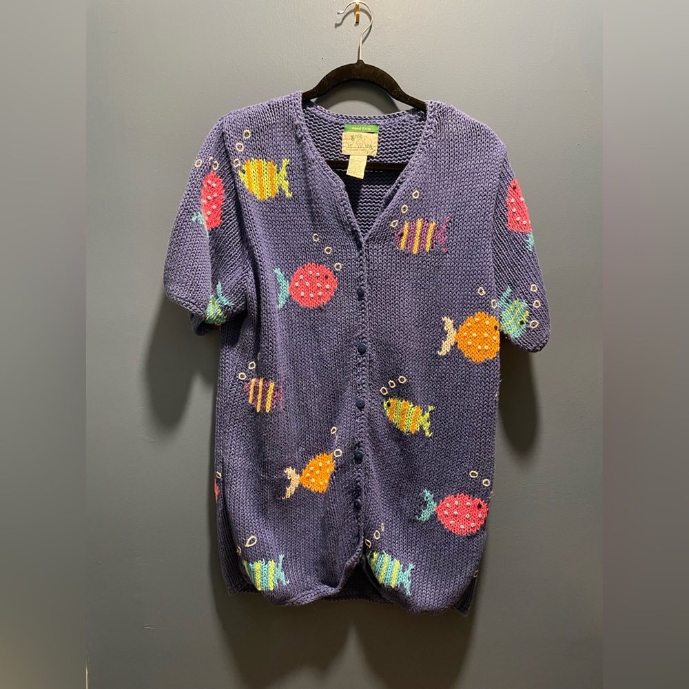 Quacker Factory Womens Vintage Cardigan Sweater Short Sleeve Blue Fish Novelty